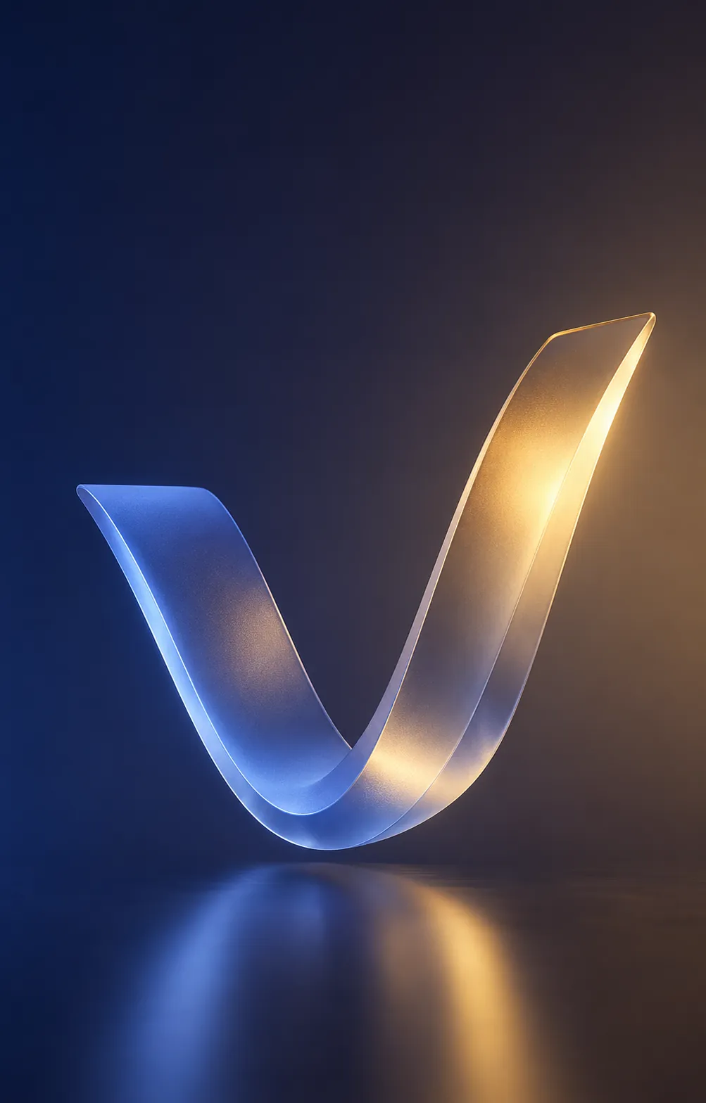 Glass V rising like a checkmark from a dark reflective surface — the Vigor standard